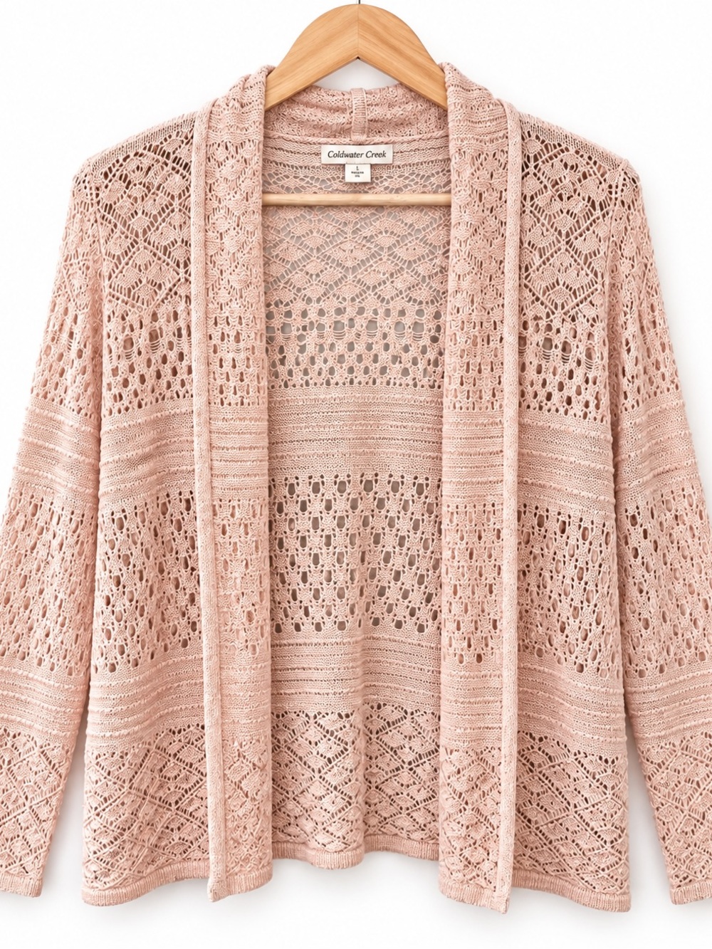 Coldwater Creek Blush Pink Open Knit Lace Cardigan Boho Size L
